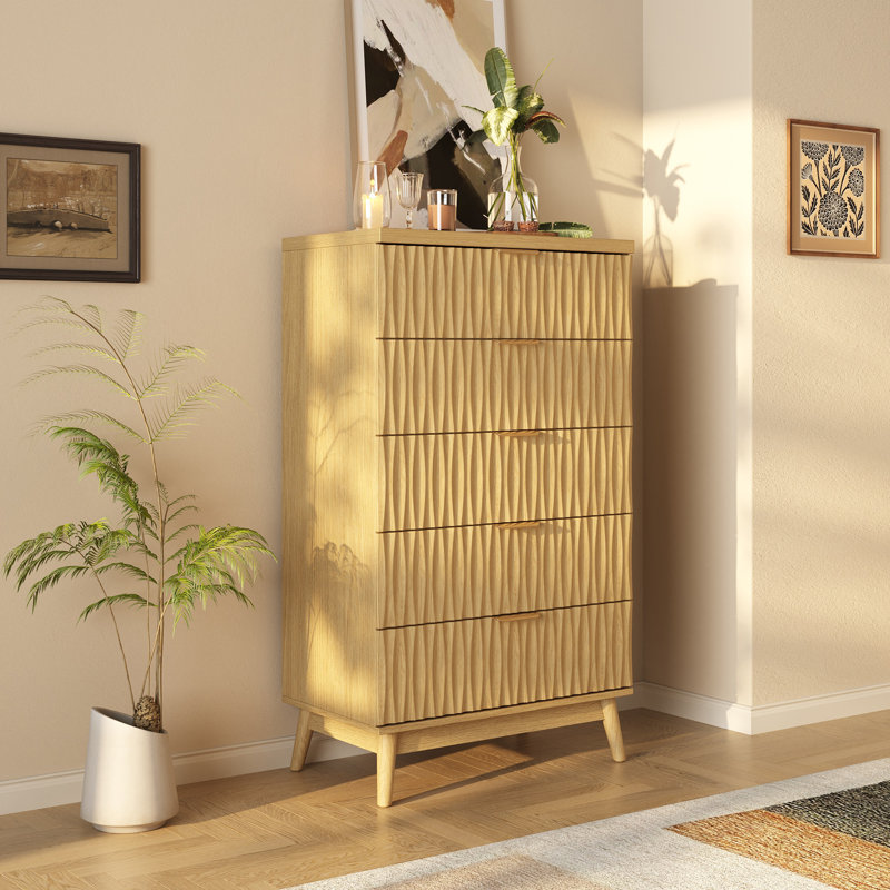 Commode 5 tiroirs l 27,5 "pour chambre à coucher, commode haute en bois cannelée H 47,2", Beige