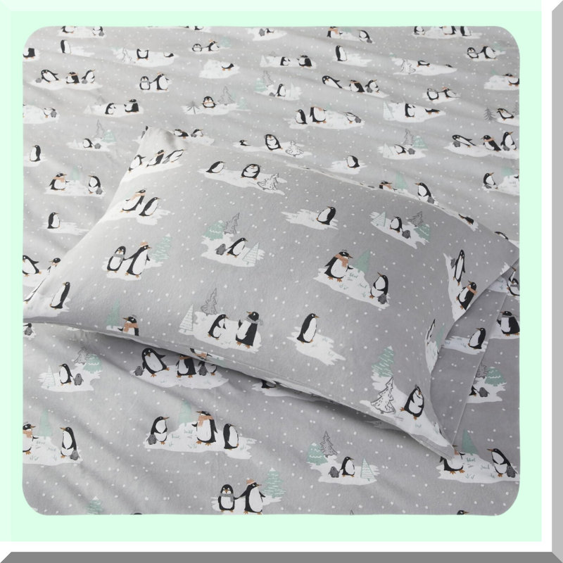 Arctic Dream Plush Sheet Set - Grey Penguins - Cozy Flannel Warmth, Novelty Animal Print, Ultra Soft Bedding for Cold Weather Nights