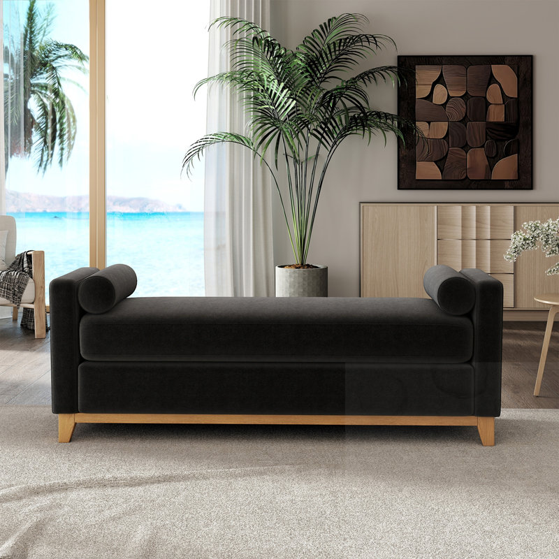 Banc rembourré avec pieds et coussin, Noir et naturel, Noir, Naturel