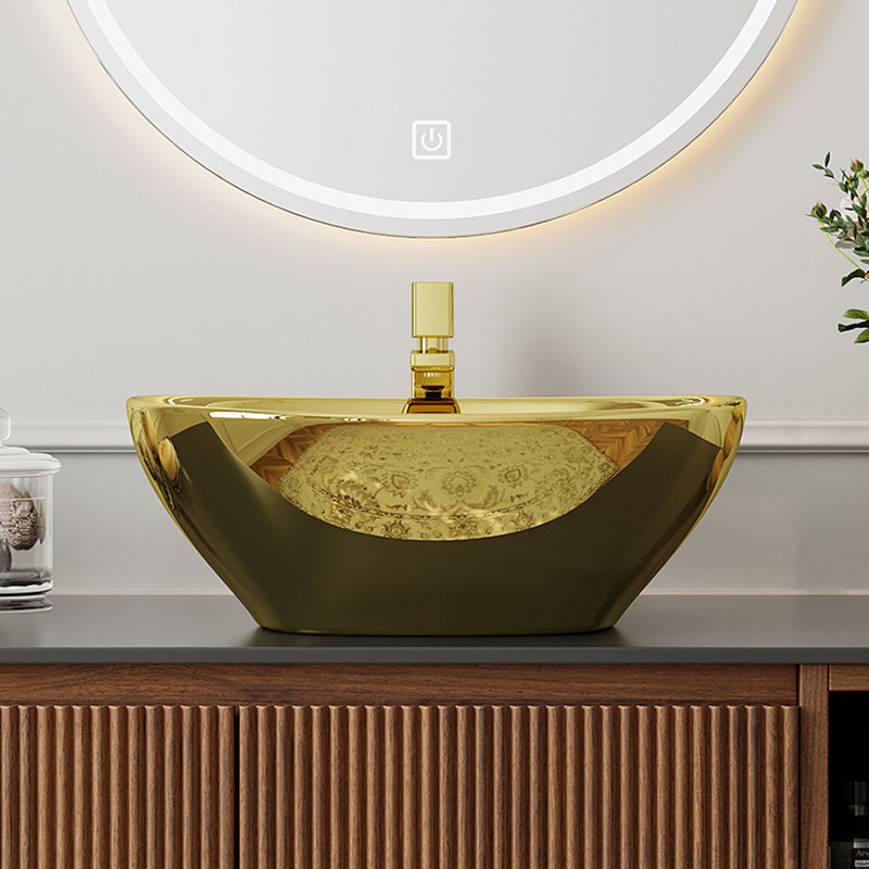 15.7'' Golden Ingot-Shaped Bathroom Sink, Vessel Ceramic Basin Without Faucet, No Cabinet, Gold