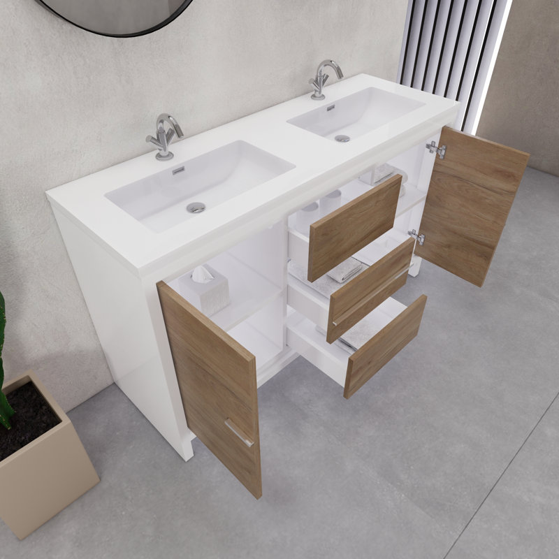 Eden 60" Double Sink Bathroom Vanity Set, Gloss White/Teak