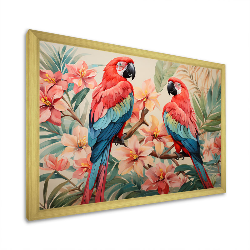 Fleurs tropicales roses et bleues - art mural perroquet, Cadre doré à coins fermés, H 12 po x l 20 po x P 1 po