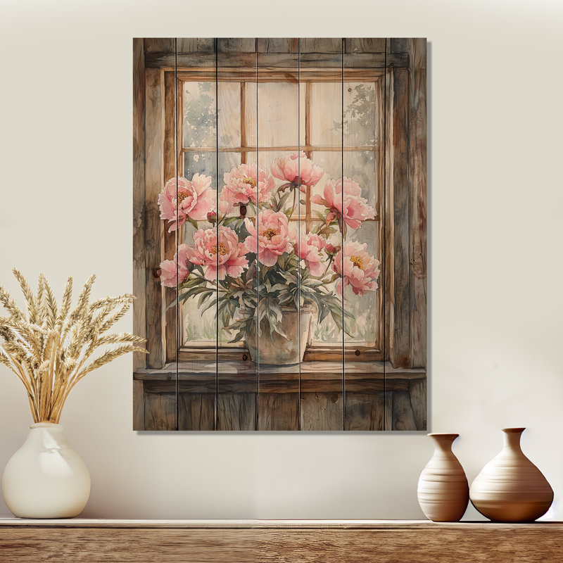 Pivoines par la fenêtre de la ferme I - Art mural en bois pivoines - sur bois de pin naturel, H 32 po x l 24 po x P 0,78 po