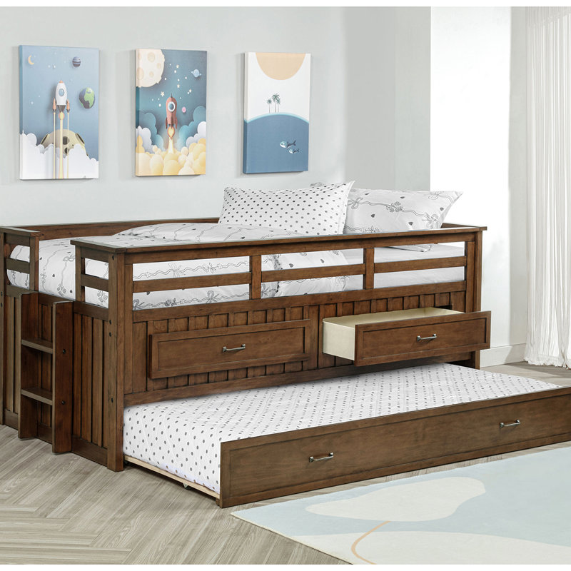 Lit simple avec lit gigogne, couleur brun moyen, composition en bois de pin, deux tiroirs, garde-corps et cadre prêt à accueillir un matelas pour une chambre à coucher avec une finition compacte, un matériau fonctionnel