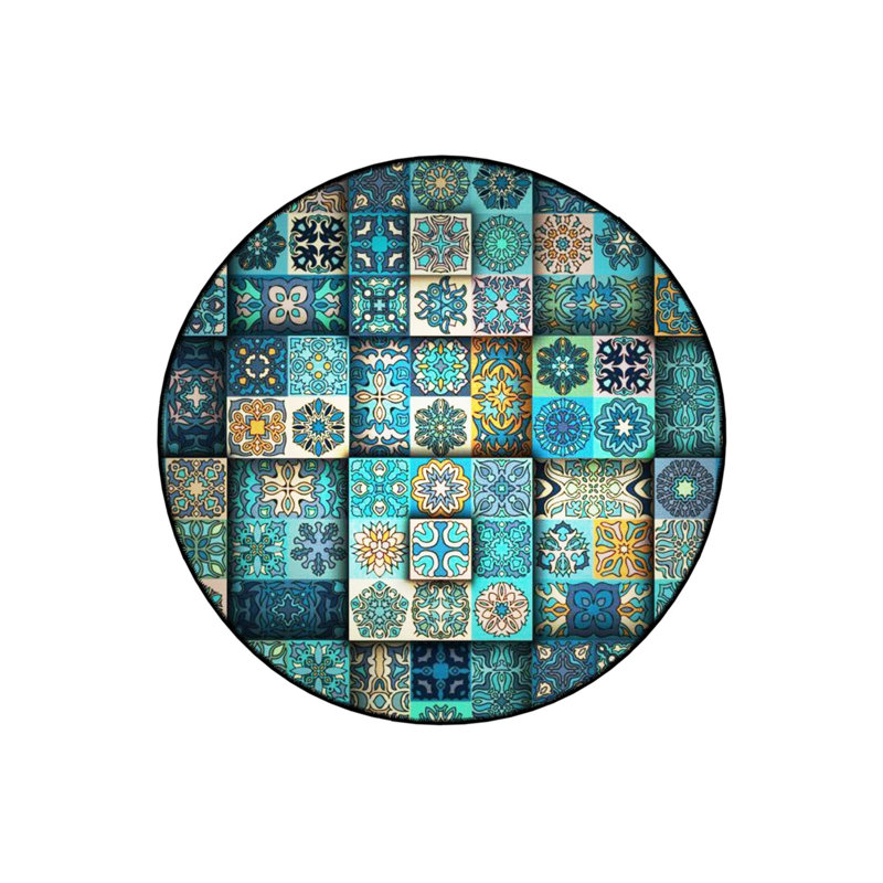 Blue Green Tile Patterned Woven Base Decorative Carpet, Round 5'