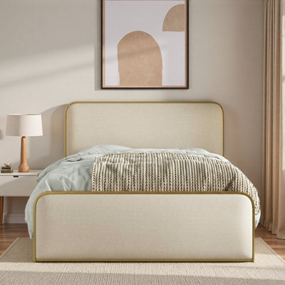 Modern Metal Bed With Curved Upholstered Headboard And Under Bed Storage