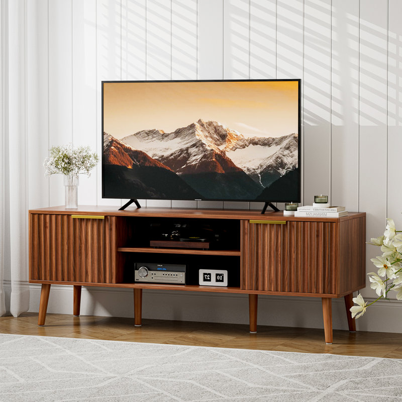 Tv Stand For Living Room, Mid Century Modern Entertainment Center For 55/60/65 Inch Tv, Tv & Media Consol With Fluted Door Cabinets And Open Shelves, For Bedroom, Classical