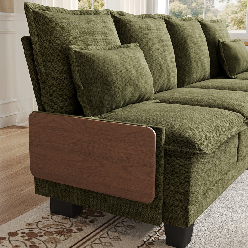 122" Waterproof Chenille Sofa with Collapsible Table, 4-Seat Sectional Upholstered Couch with Two Throw Pillows for Living Room, Apartment