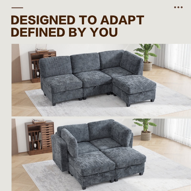 92" Modular Sectional Sofa with Storage & Removable Covers, L-Shaped Convertible 4-Seater Couch with Movable Ottoman, Modern Sleeper-Ready Sectional
