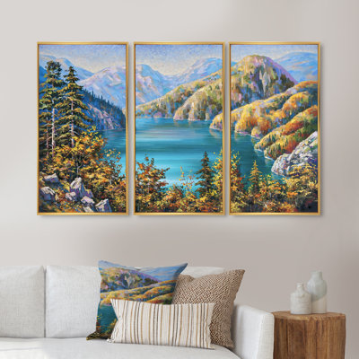 Pittoresque lac Ritsa en fin d'automne - ensemble d'art mural sur toile encadré Lake House