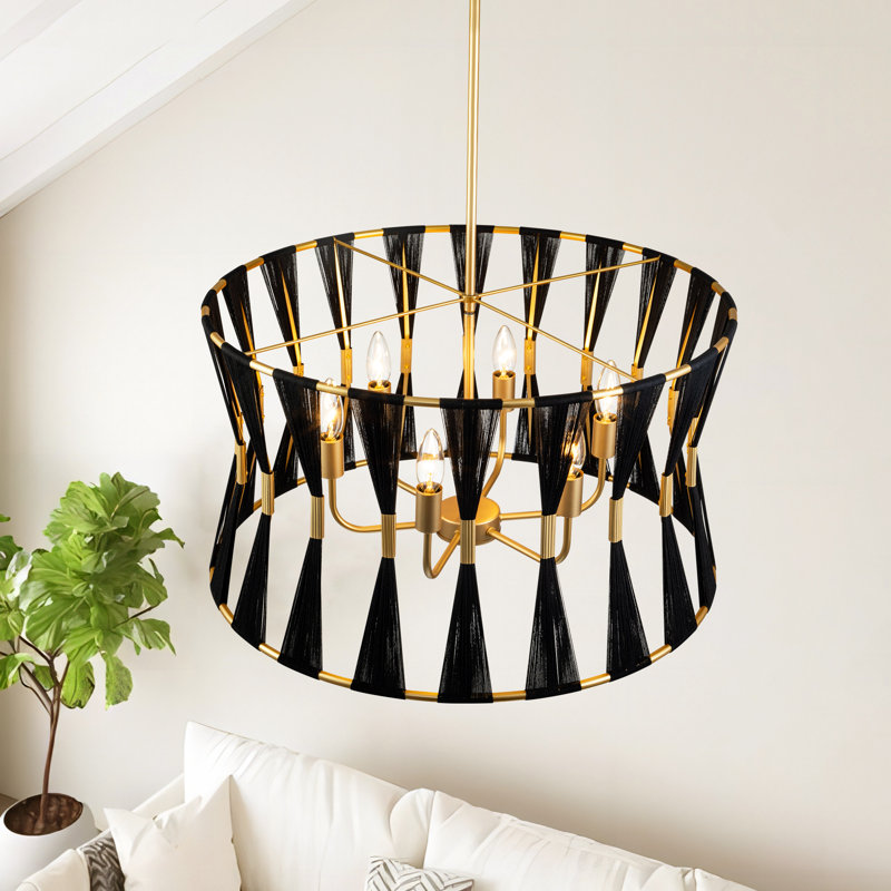 Renessa 6-Light Hand-Wrapped Rope Drum Chandelier, Brass/Black