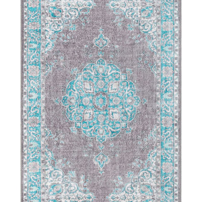 Nile Vintage Flat-Weave Machine Washable Medallion Teal Rug