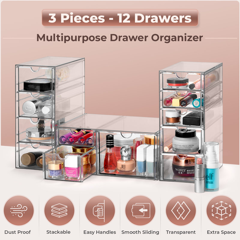  Clear 12 Drawers Acrylic Makeup Organizer 3 Pcs Stackable Set