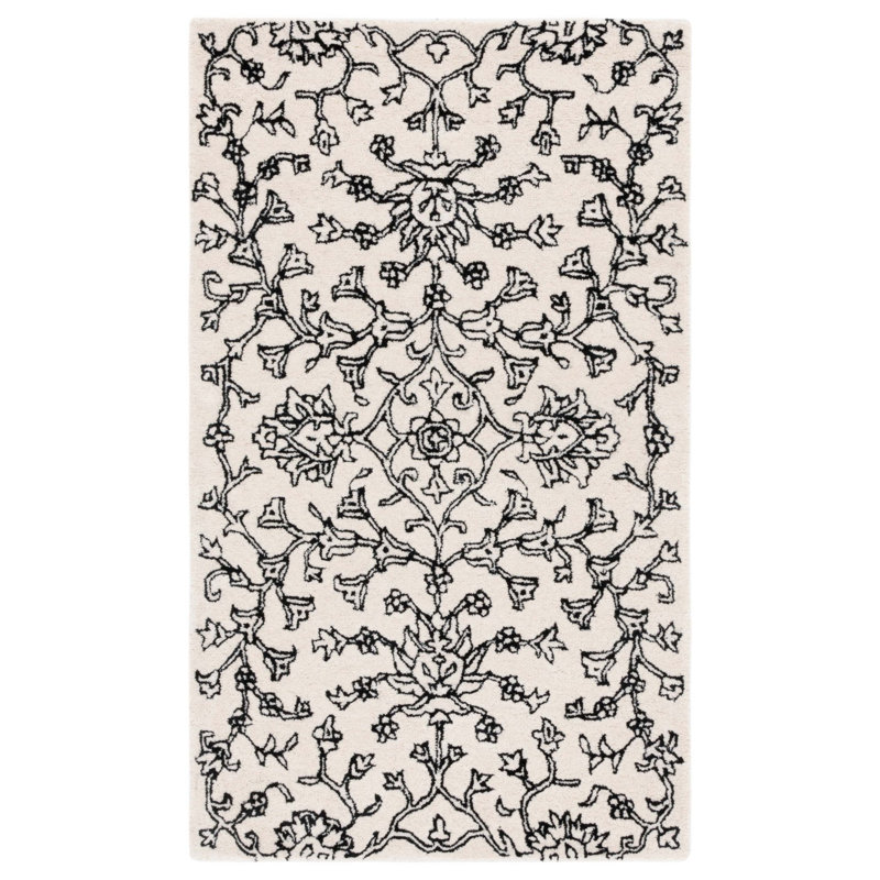 Elizaida Hand Tufted Wool/Viscose Floral Rug in Ivory/Black, Rectangle 3' x 5'