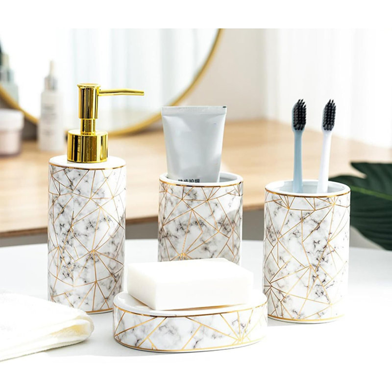 4pcs Ceramic Bathroom Set: Toothbrush Holder, Mouthwash Cup, 300ML Lotion Dispenser, Soap Dish, White