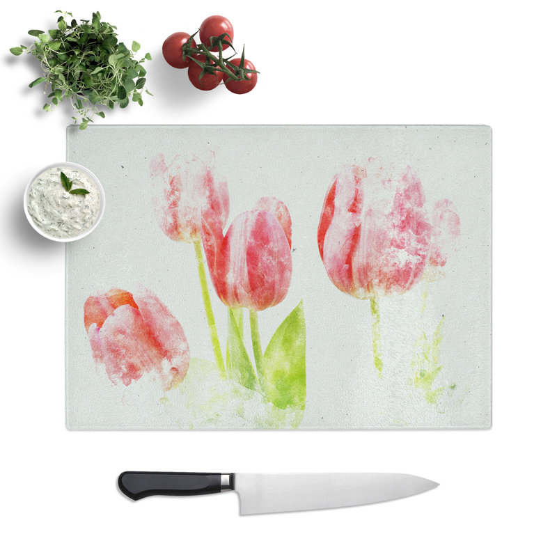 Tempered Glass Beautiful Pink Tulips Chopping Board, 28.5 cm x 39 cm
