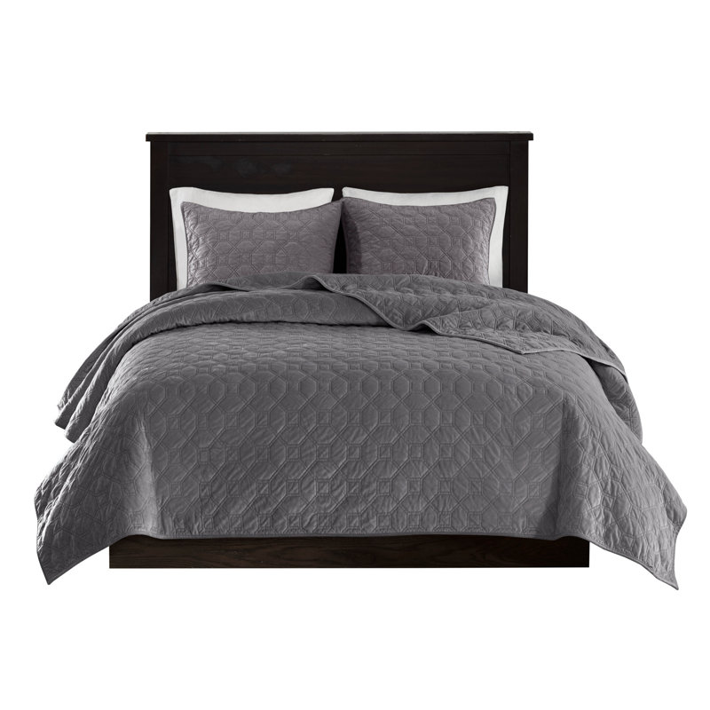 3 Piece Velvet Quilt Set Grey Full/Queen