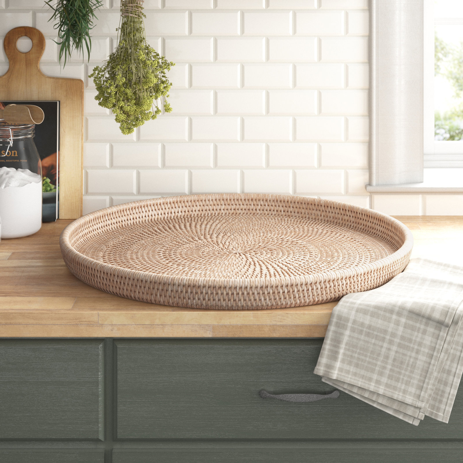 Wicker Decorative Tray, 1" H x 16" W x 16" D, White Wash, No Bundle