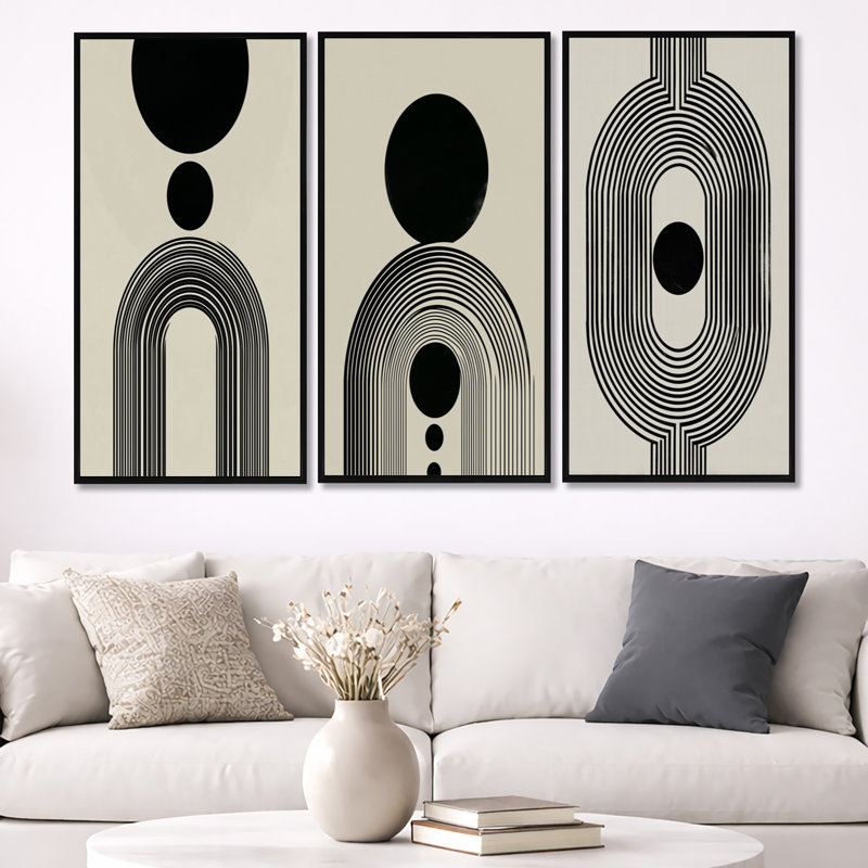 Vortex rétro noir et beige - décoration murale abstraite style Mid-Century 3 pièces, H 40 po x l 60 po, Cadre flottant noir