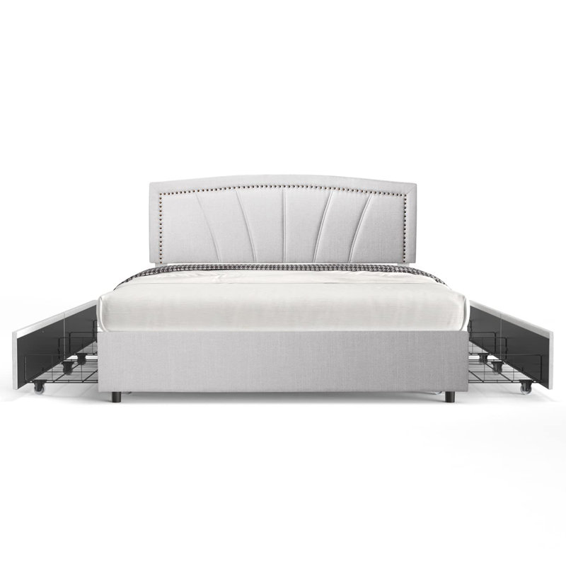 Full Size Storage Bed Frame Upholstered Low Profile Traditional Platform With Tufted And Nail Headboard/no Box Spring Needed/4 Pull Out Drawers/white Faux Leather…