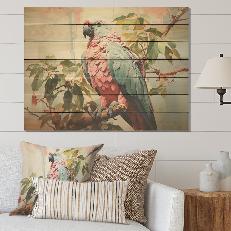 Perroquet bleu et rose II - impression de perroquet sur bois, H 10 po x l 20 po