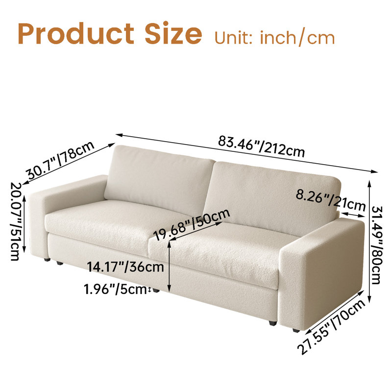 212cm Beige Teddy Fleece 3-Seater Sofa, Deep Seat Sofa with Wide Armrests for Living Room