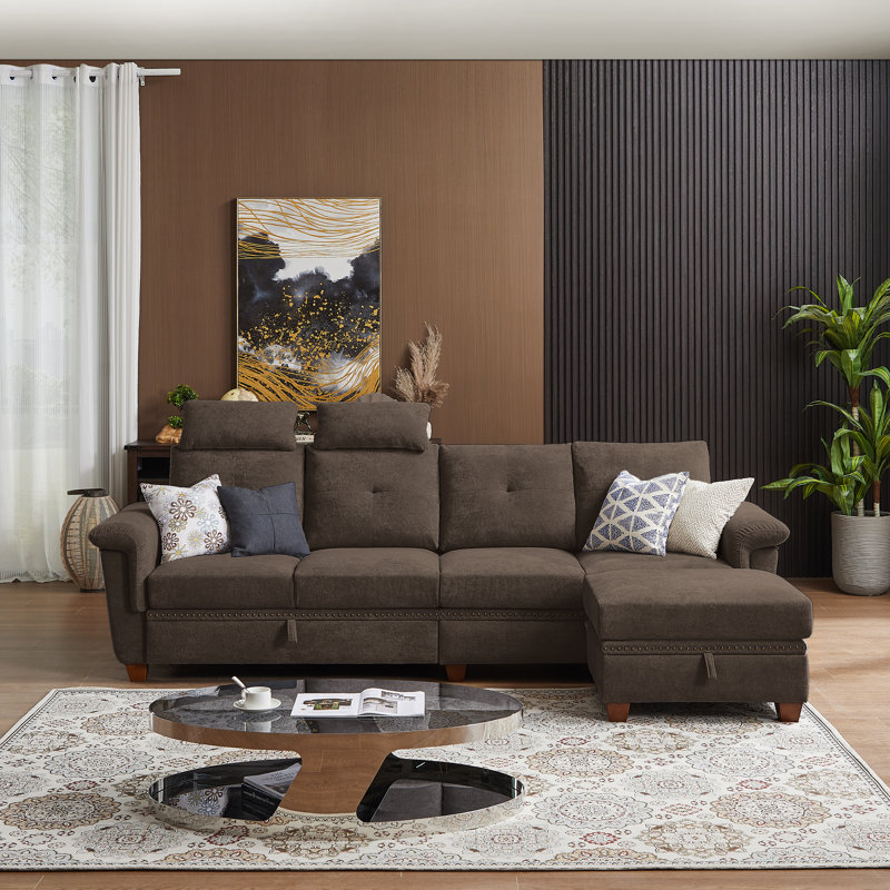 109" Modern 4 Seaters Sectional Sofa with Hidden Coffee Table and Large Storage Space, Coffee 100% Linen