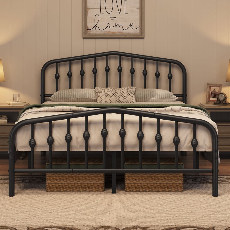Metal Bed with Arched Headboard and Footboard, Black, Kingsize (5')