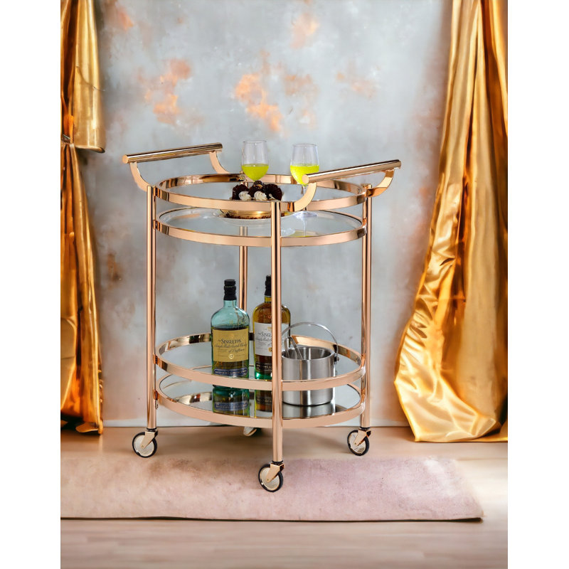 Chariot de service en verre transparent et finition or rose Lakelyn