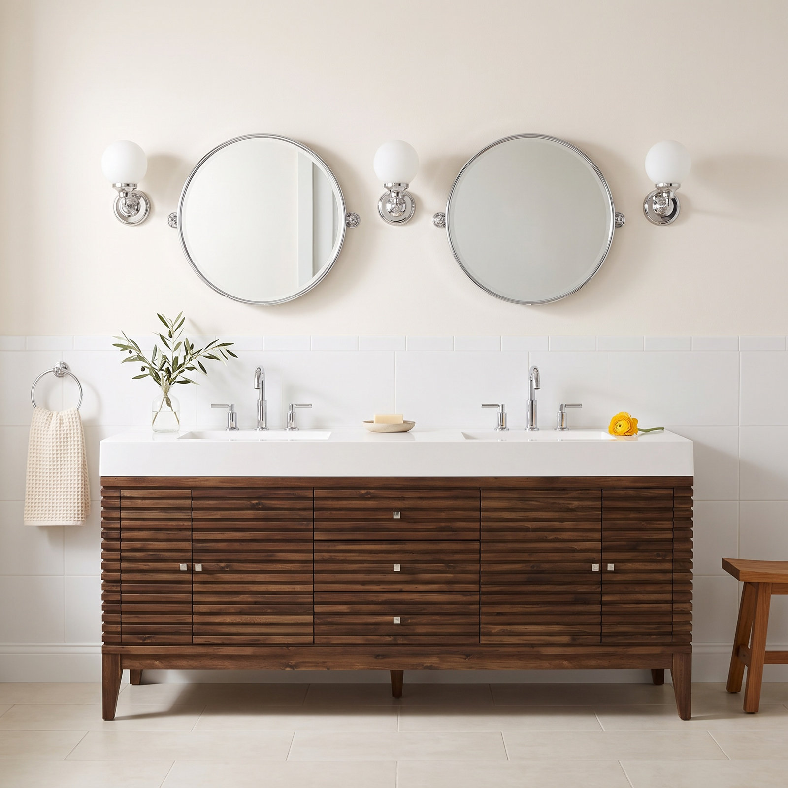 Sarin 72" Single Bathroom Vanity, Glossy White, Mid Century Walnut