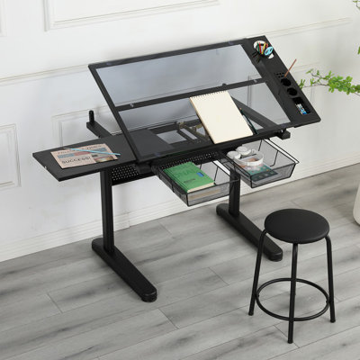 Hand crank adjustable drafting table drawing desk with 2 metal drawers with stool