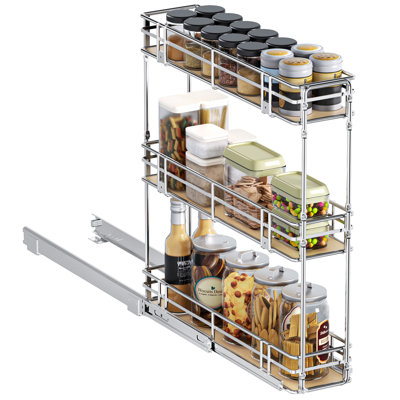 6"W x 20.5"D 3-Tier Pull Out Spice Rack Organizer with Solid Wood Base, Heavy Duty Chrome Slide Out Cabinet Storage