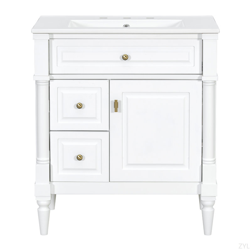 Bathroom Vanity With Sink, Freestanding Bathroom Cabinet With Flip Drawer & Adjustable Shelf, Solid Rubberwood Frame, MDF Panels & Metal Handles