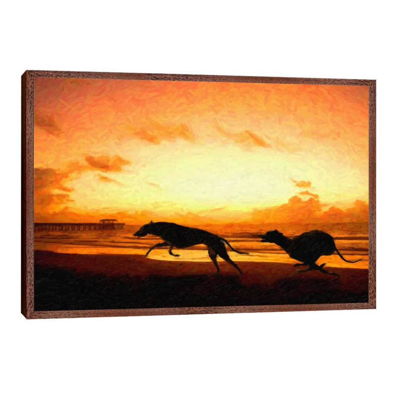 Greyhounds On Beach At Sunset by Michael Tompsett - Print on Canvas, Brown Framed, 152.5 cm H x 101.5 cm W