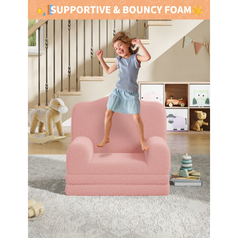 Kids Sofa Chair, Sherpa Convertible Toddler Couch with Washable Cover, Crown Design Comfy Children's Reading Chair, Fold Out Sofa Bed for Playroom, Nursery