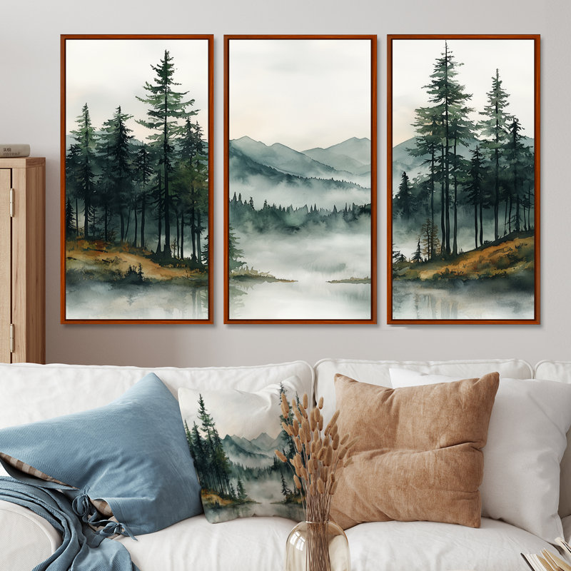 «Green Pine Trees Mist Morning I», ensemble d'art mural pin, Toile avec cadre flottant brun, H 40 po x l 60 po x P 1 po