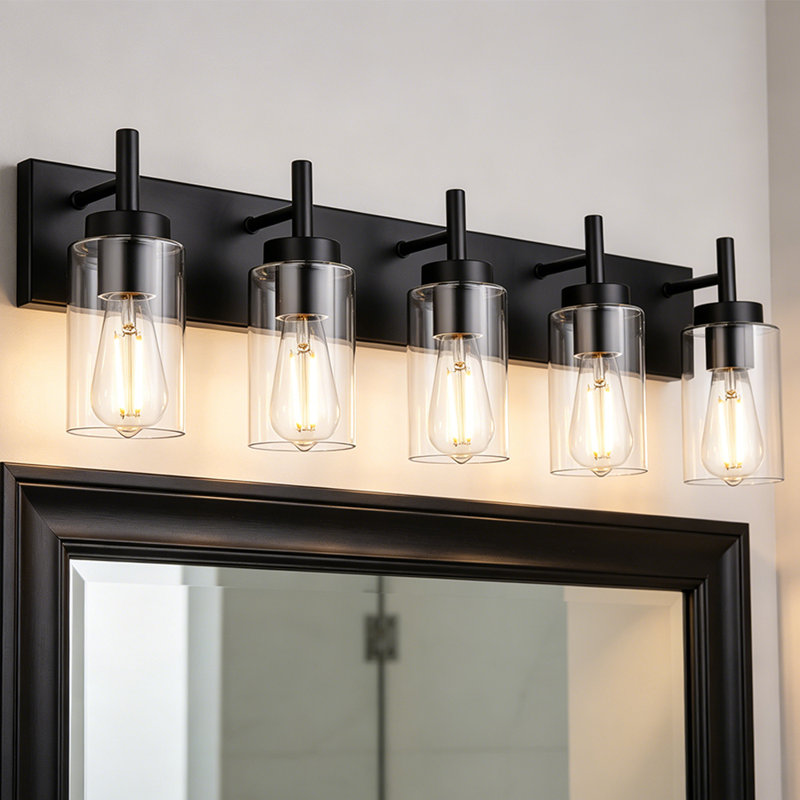 Luminaire de meuble-lavabo mural 5 lumières noir avec abat-jour en verre transparent moderne pour armoire de salle de bain