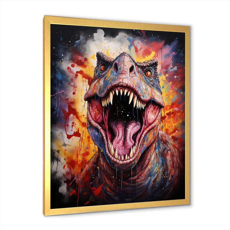 Popart Trex Dinosaur I - Art mural dinosaure, Cadre doré simple, H 32 po x l 24 po x P 1 po