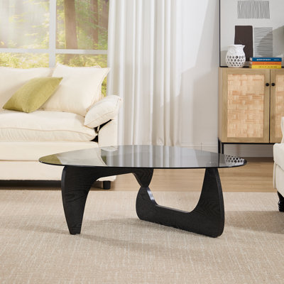 16.5'' H Modern Triangle Glass Coffee Table with Solid Wood Base