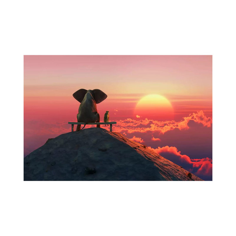 Elephant And Dog Sit On A Mountain Top At Sunset by Mike Kiev - Wrapped Canvas Print, 30.48 cm H x 45.72 cm W