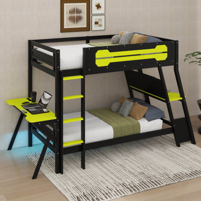 Gaming Bunk Bed With Two Built-In Desks, Dual Workstations With USB Ports & Pegboard