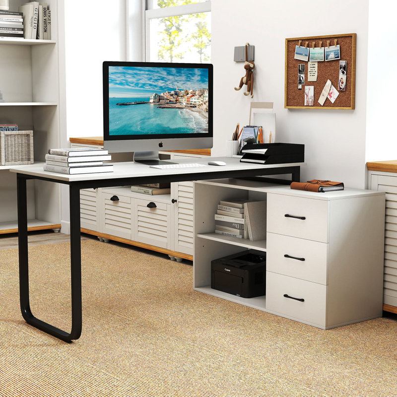 L-Shaped Metal Base Computer Desk, White