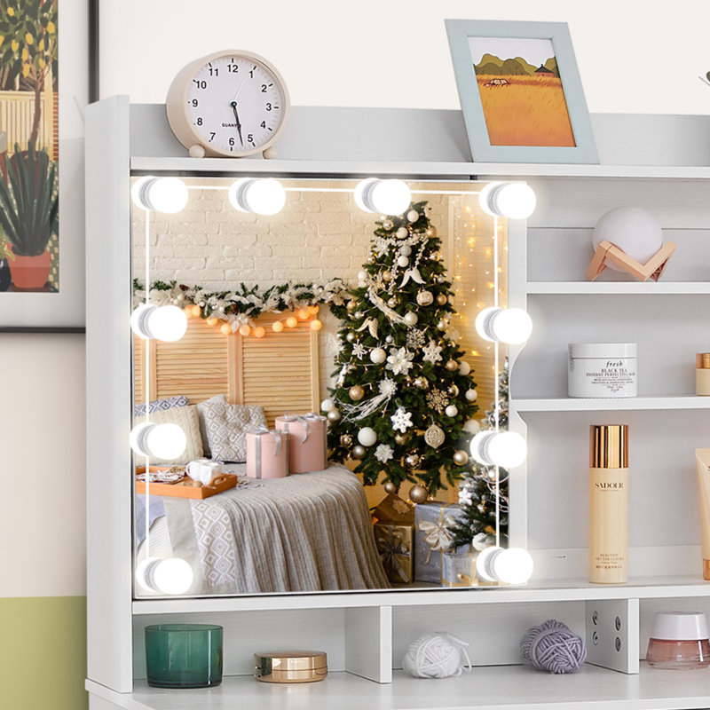 Coiffeuse de maquillage avec miroir coulissant et coiffeuse avec tablettes cachées et 5 tiroirs, blanc