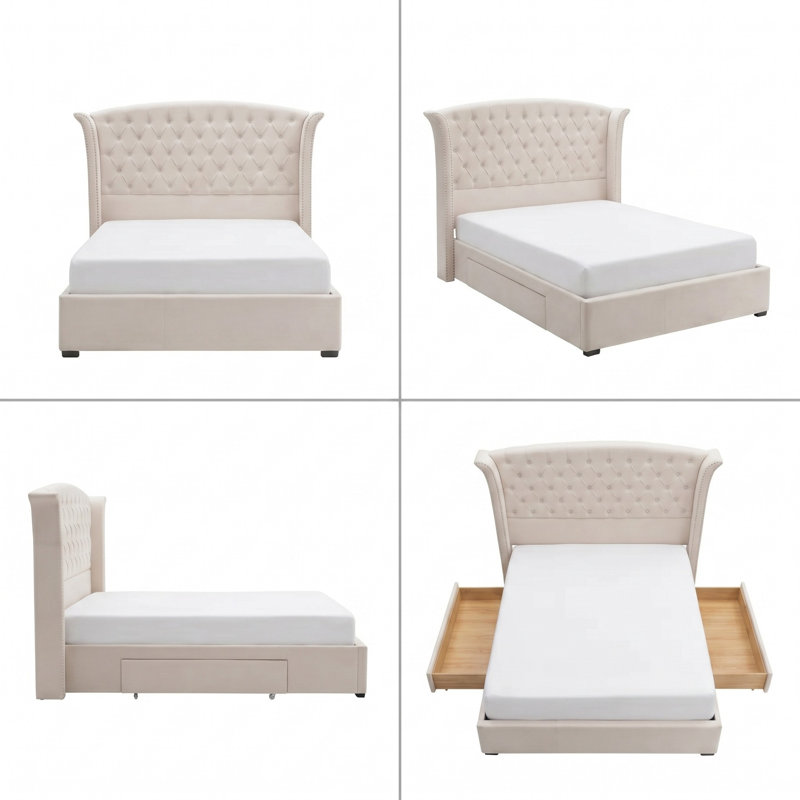 Button Tufted Wingback Velvet Upholstered Platform Bed with Storage Drawers, Queen, Cream Velvet, Cream, Queen