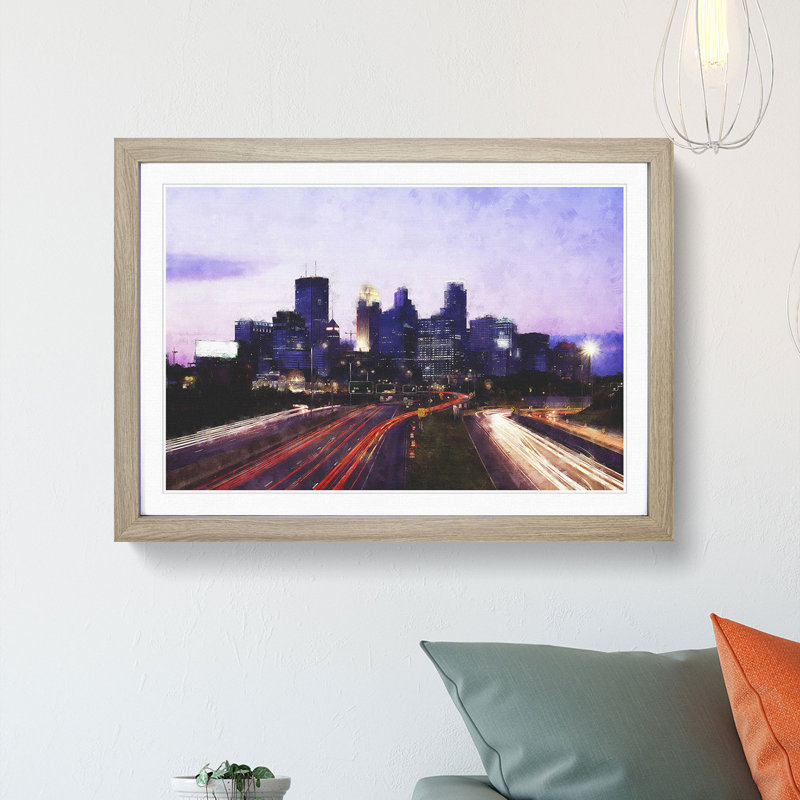 Minneapolis Skyline at Dusk - Picture Frame Graphic Art Print, 62cm H x 87cm W x 2cm D, Oak Framed
