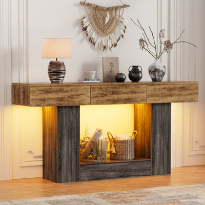 63'' Farmhouse Wood Console Table With Drawers And Hidden Storage Compartment, Long Entryway Sofa Table With Rgb Led Lights For Living Room, Hallway, Foyer