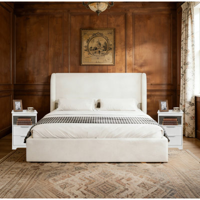 Ensembles de chambre à coucher grand lit, 1 lit tapissier Boucle et 2 tables de chevet avec station de recharge