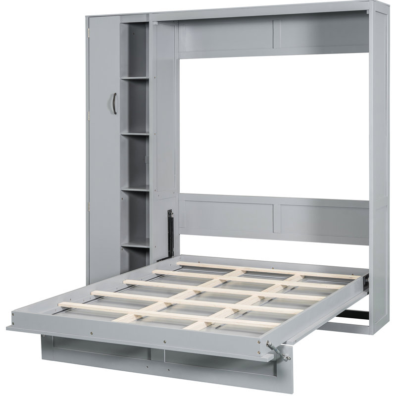 Gray Bed With Practical Shelves, Wardrobe, And Led Illumination Lights - For Spaces, Full, Gray