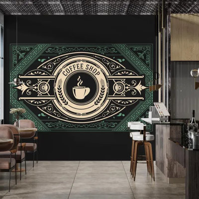 Vintage Green Gold Coffee Shop Logo Wall Mural, Classic Ornate Cafe Emblem Restaurant Wallpaper