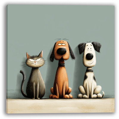 Playful Cat and Dogs Wrapped Canvas Wall Art